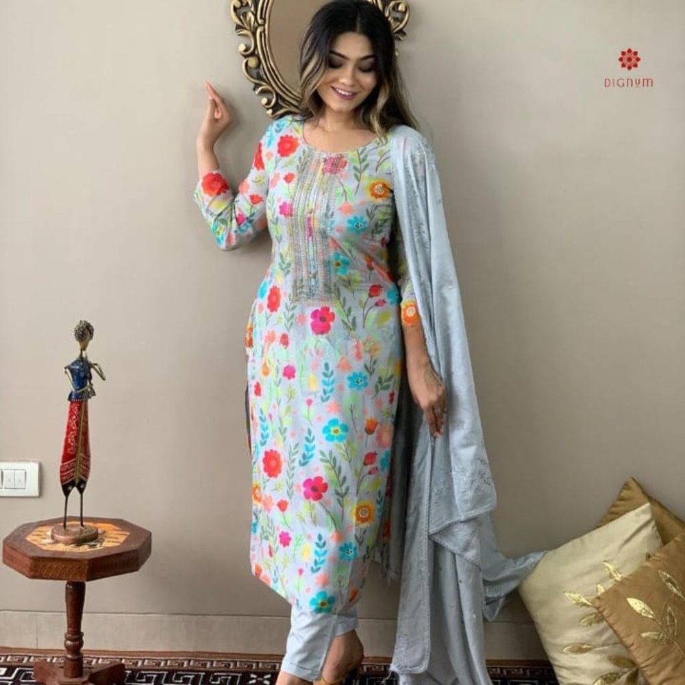 Women Sky Blue Floral Print Rayon Suit Set - Picture 2 of 6